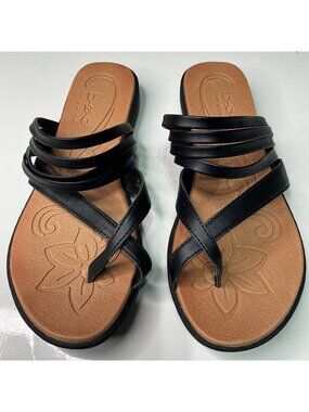 B.O.C. Black Strappy Slip-On Alisha Slide Sandals Women's Sz 8M Embossed Floral